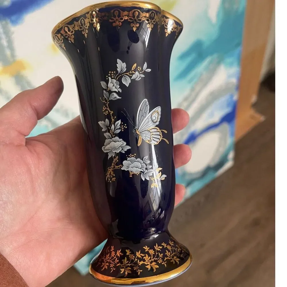 VTG Limoges France Cobalt Blue & Gold Butterfly Floral Vase Diffuse Par Valette